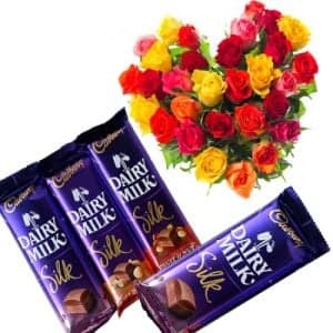 Heart Shaped Roses with Dairy Milk Silk Chocolates